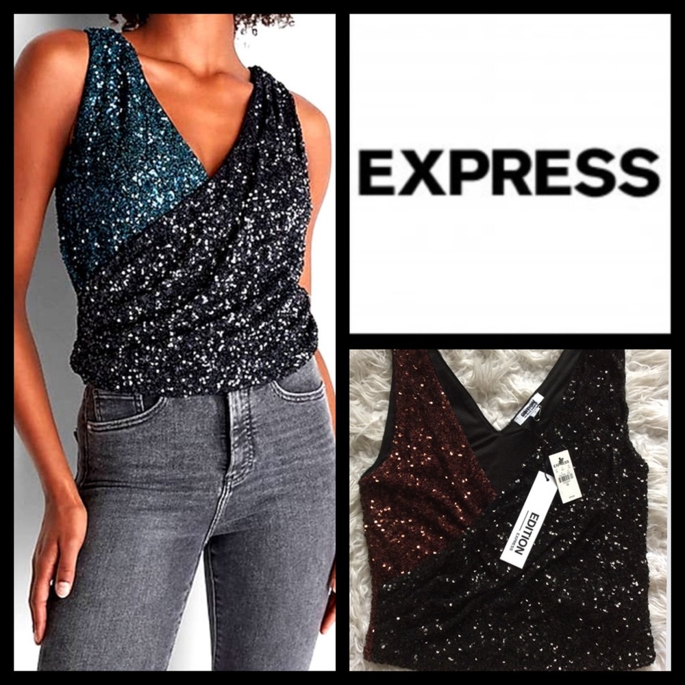 NWT Express Faux Wrap Sequin Top